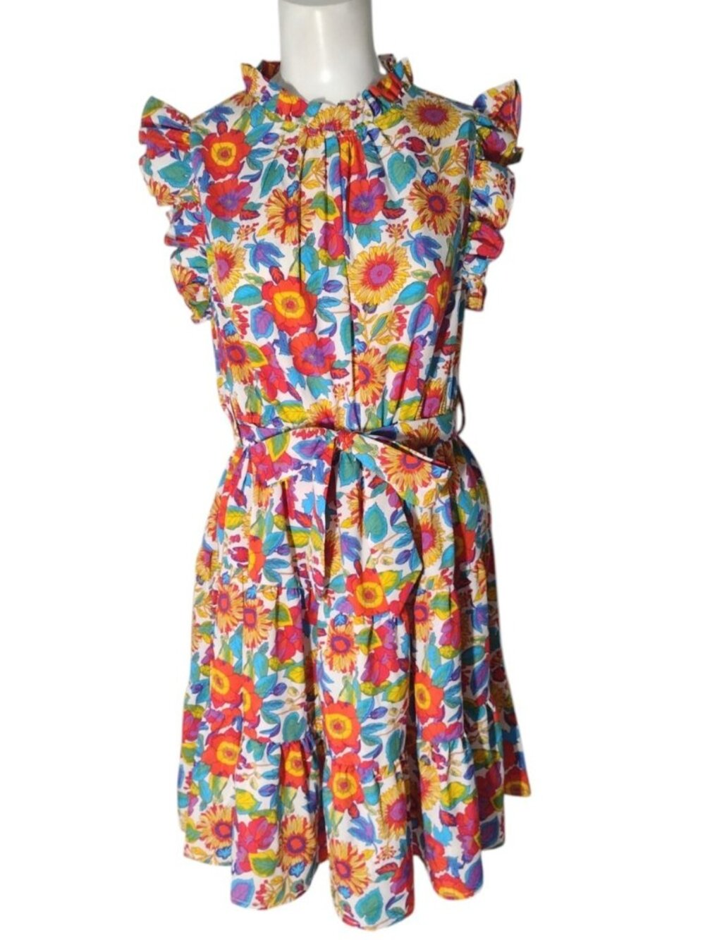 NWT Jodifl Bold Floral Tiered Ruffle Dress L Belted Pockets Keyhole Flirty